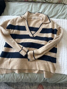 Esprit Beige and Navy Striped V‑Neck Polo Sweater